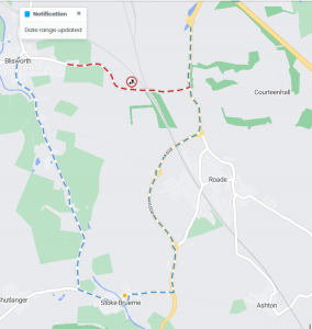 Map showing closure of Courteenhall Road and diversion via Stoke Road and Stoke Bruerne onto A508.